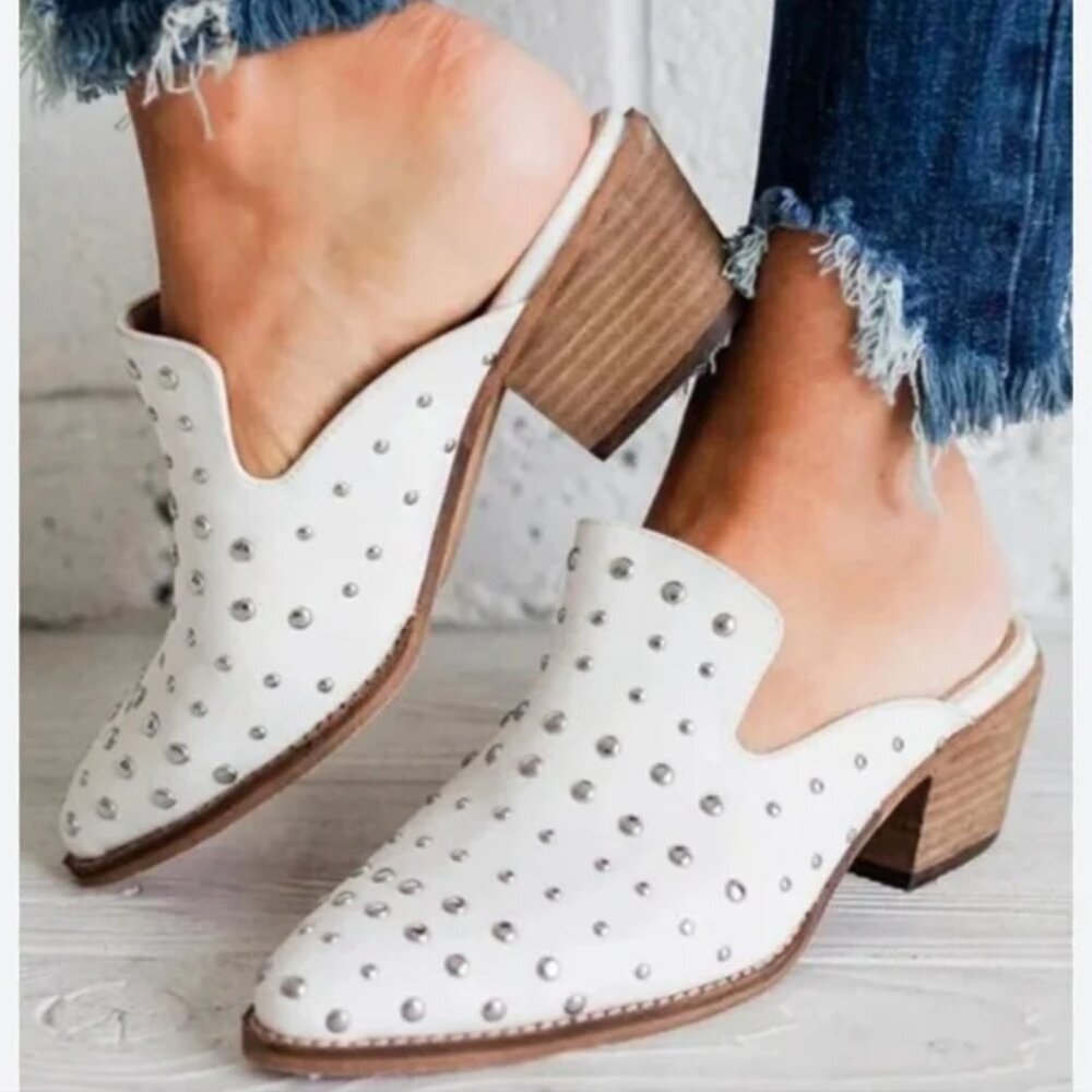 Western Studded Arider Girl Cara Mules‎ Stacked Heel Pointed Toe Boho